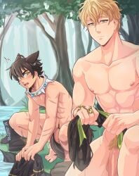abs absurd_res animal_humanoid blush boots canid canid_humanoid canine canine_humanoid clothing collar crouching duo flaccid footwear genitals hi_res human humanoid karu_(nu:_carnival) male male_only mammal mammal_humanoid muscular muscular_male nipples nu:_carnival open_mouth pecs penis pubes quincy_(nu:_carnival) raynui shoes spiked_collar spikes wolf_humanoid