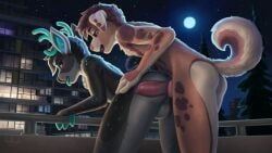 16:9 absurd_res anal anal_sex animal_genitalia animal_penis anthro antlers ass australian_shepherd balls blue_eyes brown_eyes building canid canine canine_genitalia canine_penis canis city deer detailed detailed_background digital_media_(artwork) digital_painting_(artwork) domestic_dog duo erection from_behind_position fur genitals hair herding_dog hi_res horn knot looking_at_another looking_pleasured male male/male male_penetrated male_penetrating male_penetrating_male mammal markings moon night nude open_mouth painting_(artwork) pastoral_dog penetration penis plant semi_public sex shaded sheepdog signature sky smile spots spotted_markings star tail tailbyte tongue tongue_out tree widescreen x-ray_view