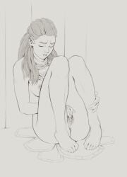 1girls 2d aloy black_and_white bluejuniperart breasts breasts_out bush clitoral_stimulation clitoris closed_eyes female female_focus female_only guerilla_games horizon_forbidden_west horizon_zero_dawn knees_on_chest knees_pulled_up masturbation nipples pussy red_hair redhead_female solo solo_female solo_focus sony_interactive_entertainment vagina vaginal_masturbation