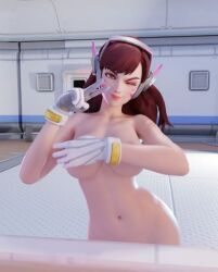 3d blizzard_entertainment d.va female gloves headphones indoors navel overwatch overwatch_2 peace_sign photo source_request tagme winking_at_viewer