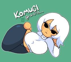 black_eyes brown_skin girl huge_breasts komugi komugi_(riki0731) mii nintendo owlyn white_hair white_sweater