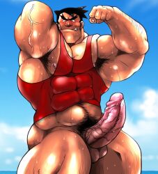 armpit armpit_hair armpits balls bara big_penis boner bottomless erection flexing hitenmaru male male_only muscles muscular pantsless penis solo solo_male sweat sweating