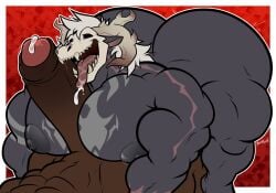 2024 abs anthro antlers big_penis black_body bodily_fluids bone cum cum_in_mouth cum_inside dark-skinned_male dark_penis dark_skin demon duo english_description erection fangs foreskin gay genital_fluids genitals hair hi_res horn human interspecies leaking_cum male male/male mammal mango_juicebara moobs muscular muscular_anthro muscular_arms muscular_legs muscular_male partially_retracted_foreskin pecjob pecs penis sex sharp_teeth skull skull_head teeth tongue tongue_out white_hair wulfdread_(skullhimbo)