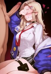 1boy 1girls ai_generated black_choker blonde_hair blue_jacket covering_own_eyes ein_(nikke) forehead goddess_of_victory:_nikke grin hairclip hoop_earrings irofox long_hair loose_necktie o-ring_choker penis red_necktie simple_background testicles uncensored wariza white_shirt