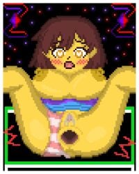ass asshole big_breasts blush breasts female frisk frisk_(undertale) heart_eyes legs legs_apart legs_up nipples pixel_art pussy pussy_juice self_upload undertale undertale_(series) underwear zixy