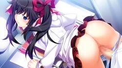 1boy alternate_hair_color anus arm_support ass bent_over bent_over_furniture black_hair black_pants blue_eyes blue_panties blush bow butt_crack censored clenched_hands clothed_sex clothes_lift coat cowboy_shot desk dutch_angle erection eyebrows_hidden_by_hair female floating_hair from_above game_cg grabbing_another's_ass grisaia_(series) grisaia_no_meikyuu groping hair_between_eyes hair_flaps hair_over_shoulder hairbow half-closed_eyes hood hooded_coat kazami_yuuji long_eyelashes long_hair long_sidelocks long_sleeves looking_at_another looking_back male matsushima_michiru messy_hair mosaic_censoring multiple_hair_bows non-web_source official_art open_fly out_of_frame panties pants panty_pull parted_lips penis_out plaid_clothes plaid_skirt pleated_skirt raised_inner_eyebrows red_bow red_skirt sex sex_from_behind shirt sidelocks skirt skirt_lift sparkling_eyes straight striped_clothes striped_panties teeth thick_eyelashes thighs twintails two-tone_panties underwear vaginal_penetration watanabe_akio white_coat white_panties white_shirt