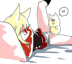 1boy 1girls anal angry blonde_hair cat_ears catgirl caught feline female funamusea leg_lift leg_up light-skinned_female light_skin male male/female moge-ko mogeko mogeko_castle panties panties_aside rape red_eyes smaller_male tagme vaginal_penetration white_panties yellow_skin