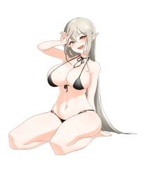 absurdres bare_shoulders barefoot bikini black_bikini blush breasts collarbone female front-tie_bikini_top front-tie_top grey_hair highres kneeling large_breasts long_hair navel o-ring o-ring_bikini open_mouth orange_eyes original pellpt pointy_ears smile solo stomach swimsuit v white_background
