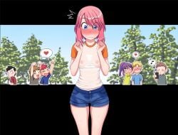 blue_eyes blush erahunter naked_adventure nika_(naked_adventure) pink_hair visible_nipples wet