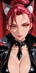 ai_generated animal_ears breasts cleavage crimson_viper female green_eyes lips looking_at_viewer makeup red_hair solo street_fighter upper_body