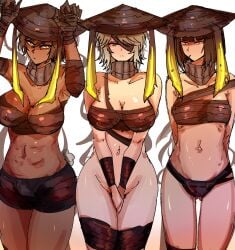 3girls arczaeon big_breasts cleavage covering_crotch female female_only huge_breasts human revealing_clothes voluptuous wide_hips