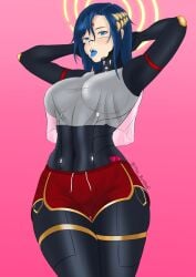 blue_tongue condom falke_(signalis) female female_focus hands_behind_head open_mouth see-through_shirt see-through_top shorts solo_female split_tongue tagme tagme_(artist)