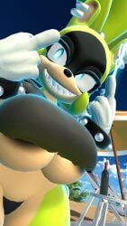 1girls 3d anthro areolae big_breasts breasts female furry looking_down low-angle_view middle_finger piercing sharp_teeth shortstack sloppydragons smile smiling smiling_at_viewer solo sonic_(series) surge_the_tenrec underboob vrchat wide_hips wrist_cuffs