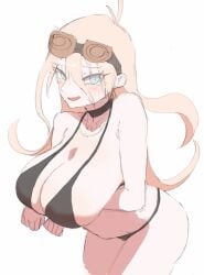 1girls ahoge arms_under_breasts bikini black_bikini blonde_hair blue_eyes blush breasts choker dadadaeki00 danganronpa danganronpa_v3 female female_only flaunting goggles goggles_on_head hair_between_eyes huge_breasts iruma_miu large_breasts leaning_forward long_hair looking_at_viewer pasties presenting presenting_breasts pushing_breasts_up simple_background smile solo swimsuit underwear