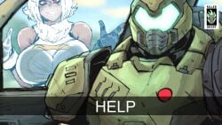 1boy 1girls 2025 boku_no_hero_academia breasts breasts_pressed_against_window breasts_pressed_on_glass crossover crossover_shipping doom doom_(series) doom_slayer_(doom) eastern_and_western_character help lord_killerghost meme miruko my_hero_academia rumi_usagiyama sfw