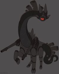 2024 4_ears absurd_res animal_genitalia artist_name black_body black_sclera cloven_hooves dewclaw_hooves emionix feral flat_colors front_view genitals grey_background grey_body grey_markings hi_res hooves long_neck long_tail machine male markings megalurker mouthless multi_ear narrowed_eyes nonbinary_(lore) noseless omnitope quadruped raised_foreleg ranged_weapon ranged_weapon_attached red_eyes robot scar scars_all_over segmented_legs segmented_neck segmented_tail sheath simple_background solidus_(emx) solo standing tail text thick_neck thick_tail three-quarter_view toony unguligrade unusual_ears very_long_neck weapon weapon_attached