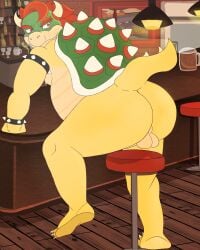 1boy 4:5 absurd_res alcohol anthro ass balls bar beer beer_mug bowser collar full_body furry furry_male furry_only genitals hi_res horns indoors koopa looking_at_viewer looking_back male male_only mario_(series) nintendo overweight overweight_male presenting red_hair reptile scalie shell smile smirk solo solo_focus solo_male spiked_shell spikes tail unfinished