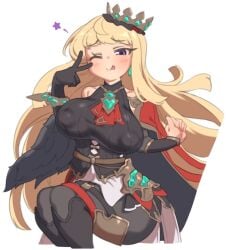 1girls asymmetrical_clothes basukechi_(basuke/bskchi5) big_breasts black_gloves blonde_hair blush bracelet breasts cagliostro_(granblue_fantasy) earrings elbow_gloves eyebrows_visible_through_hair female female_only granblue_fantasy large_breasts light-skinned_female light_skin long_hair looking_at_viewer nipple_bulge purple_eyes ring sleeveless smile solo thick_thighs thighhighs tongue tongue_out v wink