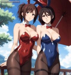 2girls ai_generated animal_ears arms_behind_back attack_on_titan bangs bare_shoulders black_hair blue_leotard blue_sky bow bowtie breasts brown_eyes brown_hair cleavage closed_mouth cloud collarbone covered_navel cowboy_shot dandanhub day detached_collar fake_animal_ears hair_between_eyes hange_zoe hanji_zoe highleg highleg_leotard large_breasts leotard looking_at_viewer mikasa_ackerman multiple_girls outdoors pantyhose parted_lips playboy_bunny ponytail rabbit_ears rabbit_tail railing red_bow red_bowtie red_leotard shingeki_no_kyojin shiny shiny_clothes short_hair side-tie_leotard sky standing strapless strapless_leotard tail thigh_strap thighband_pantyhose tree umbrella watermark web_address wrist_cuffs