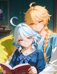 1boy 1girl aether_(genshin_impact) ai_generated bean_bag female furina_(genshin_impact) genshin_impact grin hugging hugging_from_behind male reading reading_book samhentai2 sitting_on_person smile
