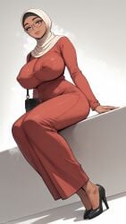 1girls ai_generated bag covered_nipples dark-skinned_female dress glasses grey_eyes heels hijab large_breasts lips skin_tight smile supergetthi