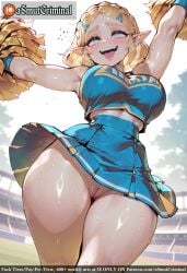 ai_generated armpits asmutcriminal bangs blonde_hair blush braid breasts broom cheering cheerleader crown_braid elf female hair_ornament hairclip holding_pom_poms link looking_at_viewer no_panties open_mouth parted_bangs pointy_ears pom_pom_(cheerleading) princess_zelda pussy short_hair skirt sleeveless smile solo standing sweat tagme thick_thighs thighs