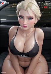 3d black_bra black_panties blacked blacked_clothing blonde_hair bra breast disney disney_channel disney_princess elsa elsa_(frozen) frozen_(film) frozen_2 generalbutch_(style) huge_breasts looking_at_viewer panties sexy solo sports_bra sportswear sweatdrop sweating white_hair