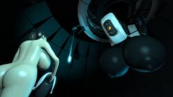 3d_(artwork) big_breasts breasts chell digital_media_(artwork) duo female furrypornenjoyer glados hi_res holding_object holding_weapon huge_breasts human machine mammal not_furry nude nude_female portal_(series) robot source_filmmaker_(artwork) valve weapon
