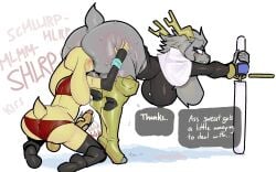 anal anthro antlers ass bent_over big_breasts big_butt bodily_fluids bottomless bottomless_anthro bottomless_female bovid breasts caprine clothed clothing crop_top duo erection female femboy fur glistening glistening_butt goat grey_body grey_fur hi_res horn huge_breasts huge_butt hybrid jackalope lagomorph legwear leporid long_ears male male/female male_rimming_female mammal melee_weapon oral pseudoregalia rabbit rimming sex shirt stockings sweat sweaty_butt sybil_(pseudoregalia) topwear uromatsu weapon