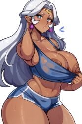 blue_gemstone blue_shorts blue_sports_bra blush breasts clothes_pull curvy dark-skinned_female dark_areolae dark_nipples dark_skin earrings exhausted female gem gold_tiara hair_rings highres jewelry large_breasts long_hair looking_at_viewer melonpuff midriff nipples parted_lips pointy_ears princess_allura pulling_own_clothes shorts simple_background solo sports_bra sports_bra_pull sportswear stomach sweat sweatdrop thick_thighs thighs tiara triangle_earrings voltron:_legendary_defender voltron_(series) white_background white_hair wide_hips