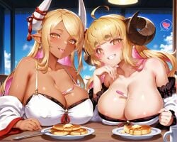 2girls ai_generated anila_(granblue_fantasy) areola_slip blonde_hair cleavage clothes_pull coffee coffee_mug covered_nipples dark-skinned_female draph draph_race_(granblue_fantasy) earrings female food fork granblue_fantasy happy heart-shaped_pupils horn horns huge_breasts imminent_sex implied_pregnancy kumbhira_(granblue_fantasy) large_breasts long_hair object_between_breasts pancake pink_hair pointy_ears pov pregnancy_test proud side_to_side silvesta smile smug spoken_heart sweat sweating teeth tongue tongue_out two_tone_hair upper_body white_clothing wooden_table yellow_eyes