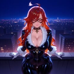 1girls ahoge ai_generated balecxi bangs black_bodysuit black_cat_(cosplay) black_choker black_gloves blush bodysuit breasts building choker city city_lights cityscape clavicle cleavage closed_mouth clothing curvaceous curvaceous_female curvaceous_figure curvy curvy_figure domino_mask earrings eyewear female female female_focus female_only fur-trimmed_sleeves fur_trim genshin_impact gloves hoyoverse jacket jewelry large_breasts latex latex_bodysuit lips long_hair looking_at_viewer mask mavuika_(genshin_impact) mole mole_on_breast night night_sky outdoors presenting presenting_ass presenting_breasts presenting_hindquarters presenting_self red_eyes red_hair sitting skin_tight sky skyscraper smile solo thigh_gap thighs voluptuous voluptuous_female white_gloves wide_hips zipper zipper_pull_tab