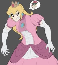 1boy 1girls bad_end blonde_eyebrows blonde_hair body_takeover bowser brooch change_of_status commission crown dress drooling earrings elbow_gloves evil_grin evil_smile eyelashes fully_clothed gloves gown green_skin horns identity_death long_hair male_to_female mario_(series) nintendo open_mouth personality_change pink_dress possessed possession princess_peach red_eyebrows red_eyes red_hair sharp_teeth speech_bubble super_mario_bros. upper_body verteeg white_gloves white_skin