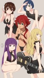 5girls arm_up barefoot between_breasts bikini black_bikini black_dress black_one-piece_swimsuit blonde_hair blue_eyes blue_hair blunt_bangs breasts brown_hair carole_&_tuesday casual_one-piece_swimsuit cellphone closed_mouth commentary_request criss-cross_halter cropped_legs crossover dark-skinned_female dark_skin darling_in_the_franxx dr._stone dr.stone dress electric_guitar feet female fern_(sousou_no_frieren) front-tie_bikini_top front-tie_top green_eyes grey_background guitar gundam gundam_suisei_no_majo hair_between_eyes hair_ornament hair_over_shoulder hairclip halterneck headphones highleg highleg_bikini highres ichigo_(darling_in_the_franxx) ichinose_kana index_fingers_together instrument katy_kimuura laofuzi_dai_bansho leaning_forward long_hair looking_at_viewer low_ponytail medium_breasts multiple_crossover multiple_girls navel o-ring o-ring_top og_bulldog ogawa_yuzuriha one-piece_swimsuit parted_lips phone ponytail pout purple_eyes purple_hair purple_pupils red_eyes red_hair sarong short_eyebrows short_hair sidelocks simple_background smartphone smile sousou_no_frieren speech_bubble split_mouth squatting suletta_mercury swimsuit teeth thick_eyebrows toes tuesday_simmons turning_head voice_actor_connection