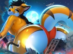 anthro ass black_hair canid canine city_destruction clothing destruction fox full_moon growth inflatable inflation ladnelsiya looking_back macro male mammal moon night orange_body red_clothing red_underwear solo underwear white_butt yellow_eyes