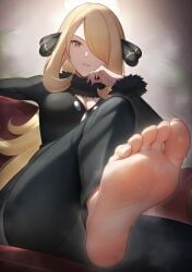 1girls ai_generated barefoot blodne_hair clothed clothed_female clothing cynthia_(pokemon) feet female female_only foot_focus game_freak light-skinned_female light_skin nintendo pokemon pokemon_bdsp pokemon_dppt soles solo solo_female sweat sweatdrop sweating sweaty sweaty_feet
