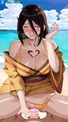 1boy 1girls 9:16 beach bikini boruto:_naruto_next_generations breasts brown_hair chocolate condom cowgirl_position hateee heart_chocolate hyuuga_hanabi kimono longer_than_30_seconds orange_bikini orange_kimono sound straight tagme vertical_video video white_eyes
