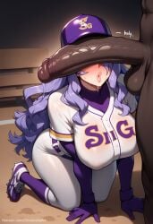 1boy ai_generated baseball_uniform blush breasts busty camilla_(fire_emblem) clothes_writing commission covered_nipples dark_skin dark_skinned_male elbow_gloves erection female fire_emblem fire_emblem_fates gloves hair_over_one_eye hat kneeling large_breasts lips long_hair nintendo patreon patreon_url patreon_username penis purple_gloves purple_hair purple_legwear sinderellaart solo_focus straight sweat thick uncensored veins veiny_penis voluptuous