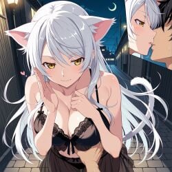 ai_generated bakemonogatari black_hanekawa black_lingerie cat_ears cherry_blossom_scent crescent_moon damp_pavement detailed_background female hands_on_chest long_hair male male_pov monogatari_series narrow_alley night pov_male_view pressing_against_you seductive_expression silver_hair slipping_lingerie streetlights tail tsubasa_hanekawa whispering yellow_eyes