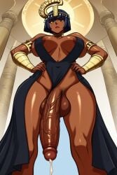 2d ai_generated arm_band armguard armlet black_dress breasts cum_leaking dark-skinned_futa dark-skinned_futanari egyptian eliza_(skullgirls) futanari gold_armguards head_piece headwear intersex large_breasts large_penis skullgirls thick_thighs