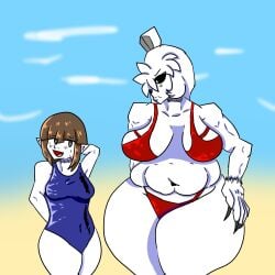 beach bear_ears bear_paws big_ass big_breasts black_eyes blue_eyes blue_sky blue_swimsuit breasts brown_hair chubby chubby_female fat_female funamusea gojisapien ice_scream little_girl nervous_smile pointed_ears polar_bear red_bikini rocma serious_face short_hair thick_thighs two_girls wadanohara wadanohara_and_the_great_blue_sea white_hair white_skin