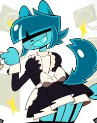 :3 anthro blunt_bangs cat cat_humanoid cute_fangs fangs female furry garter_straps ghost ghost_girl goommy_(goommymuffin) goommymuffin hair_covering_eyes hair_over_eyes maid maid_apron maid_headdress maid_outfit maid_uniform official_art questionable screenshot tongue tongue_out