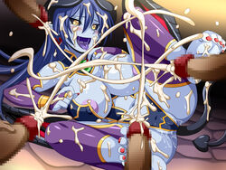 ass astaroth_(shinrabanshou) barefoot blue_hair blue_skin bracelet breasts censored clothing cum demon_girl female footbang footjob game_cg horns huge_breasts large_breasts legs_up leotard long_hair masturbation nipples open_mouth penis pointy_ears pussy pussy_juice saliva shinrabanshou shiny_skin smile spec_(artist) sweat tail tongue_out wings yellow_eyes