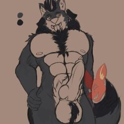 5_fingers abs anthro balls barazoku big_balls bodily_fluids canid canine canis fingers fluffy fluffy_tail genital_fluids genitals hi_res knot knotted_penis male mammal muscular muscular_male nipples nude open_mouth penis precum solo tail tongue tongue_out wdigni42 wolf
