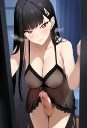 ai_generated arched_back bedroom bent_over black_hair blue_archive blush cowboy_shot depth_of_field doorway dress_lift erection eyelashes female futanari gerumusi hairpin head_tilt large_breasts leaning_forward light_skin lips looking_at_viewer night nightgown nipples nipples_visible_through_clothing opening_door pov_doorway precum precum_string red_eyes rio_(blue_archive) see-through see-through_dress sidelighting solo steaming_body testicles tsurime uncensored very_long_hair wooden_floor
