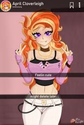1girls april_cloverleigh_(muffin_knight) breasts caption chain_belt crop_top double_peace_sign facial_tattoo female freckles freckles_all_over freckles_on_breasts freckles_on_face freckles_on_hips ginger_hair hourglass_figure jewelry large_breasts lip_piercing long_hair looking_at_viewer midriff muffin_knight_(artist) navel_piercing profile_picture purple_eyes seductive seductive_look selfie skinny_jeans smiling strawberry_blonde_hair tank_top text thick_thighs wide_hips