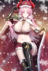 bell big_breasts blue_archive blush blushing christmas demon_girl gigantic_breasts halo high_resolution horns huge_breasts looking_at_viewer mistletoe mole_on_breast navel pink_hair santa_costume santa_hat satsuki_(blue_archive) smile sunnysideup tits_bigger_than_head video_game_character
