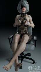 3d 3d_(artwork) big_ass big_breasts big_thighs breasts close-up dress feet feet_focus female foot_fetish nier:_automata nier_(series) office_chair office_lady perfect_ass perfect_body sitting soles tights toes white_hair yorha_2b
