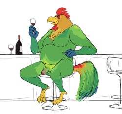 alcohol avian balls bar beverage bird chicken cigarette glass grivaire looking_at_viewer male male_only musclegut muscular nude penis slightly_chubby smoking wine