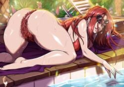 1girls all_fours anus ass blue_eyes detailed_background female female_only hairy_anus hairy_pussy league_of_legends long_hair looking_at_viewer miss_fortune nude nude_female poolside pubic_hair pussy red_hair red_pubic_hair riot_games smiling smiling_at_viewer solo sunglasses_on_head thick_ass thick_thighs turtlechan very_high_resolution wet_body